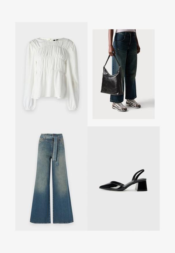 Balta blūze ar apaļu kakla izgriezumu, garām piedurknēm un savērptu struktūru pie krūts. Iekļauj pūkainas piedurknes un plūstošu apakšmalu.; Platām kājām džinsu bikses ar gaismas līdz tumši zilam gradientam, augstu jostas līniju, jostas cilpām un atbilstošu auduma jostu. Tekstūrēts džinsas apdare.; Melna lakota āda ar atvērto papēdi, ar smailu purngalu un ģeometrisku blokpapēdi. Iezīmējas elegants, minimāls dizains un gluda tekstūra.; Melna ādas pleca soma ar gludu tekstūru un regulējamu siksnu, saskaņota ar izbalējušām platām biksēm un sportiskām kedām.