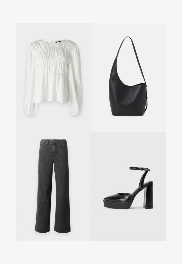 Blouse blanche avec un col rond, des manches longues et une texture froncée au niveau du bodice. Présente des manches bouffantes et un ourlet fluide.; Jeans évasés en denim gris foncé, présentant une texture subtile à motif zèbre, des coutures contrastées, et un design à cinq poches avec un zip à bouton.; Escarpins noirs à plateforme avec un bout pointu et une sangle réglable à la cheville. Conçus en cuir lisse, avec un large talon bloc.; Sac hobo en cuir noir avec une texture lisse, une forme incurvée et une seule sangle réglable ; dispose d'une large ouverture en haut.