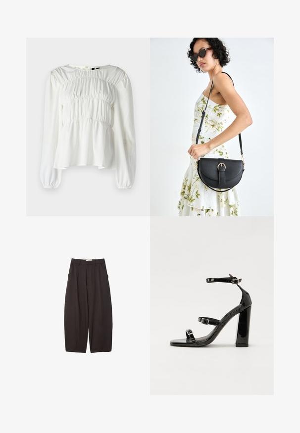 Weiße Bluse mit Rundhalsausschnitt, langen Ärmeln und geraffter Textur am Oberteil. Sie hat Puffärmel und einen fließenden Saum.; Schwarze weit geschnittene Hosen aus einem glatten Stoff, mit hoher Taille, Frontfalten und Seitentaschen. Schlichtes Design ohne Verzierungen.; Schwarze patentierte Sandalen mit Absatz, quadratischer Spitze, Knöchelriemen und silbernen Schnallen. Mit einem stabilen Blockabsatz für mehr Stabilität.; Schwarze Lederhandtasche mit geschwungener Form, abnehmbarem Tragegurt und goldenen Beschlägen. Die Tasche verfügt über einen Deckel mit einer Schnallen-Details.