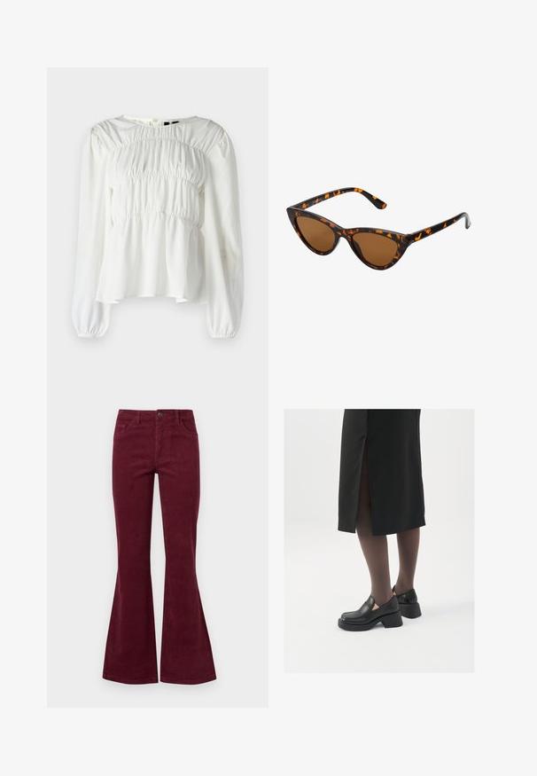 White blouse with a round neckline, long sleeves, and gathered texture at the bodice. Features puffed sleeves and a flowing hemline.; Burgundy corduroy flared jeans with five pockets, a front button closure, and textured fabric. Flares extend from knee to hem.; Black leather shoes with a rounded toe, thick block heel, and elastic side accents, paired with dark tights and a black skirt with a slit.; Cat-eye sunglasses with a black and orange tortoiseshell frame, brown lenses, and sleek, pointed tips. Features a minimal logo on the temple.