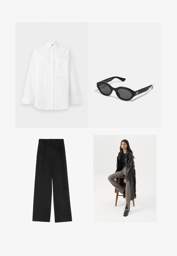 Hvid skjorte med knaplukning lavet af bomuld. Har lange ærmer, krave og en enkelt brystlomme. Glat tekstur, klassisk design.; Hvid bomuld t-shirt med korte ærmer og rund halsudskæring. Har en afslappet pasform og et minimalistisk design uden mønstre eller accenter.; Sorte brede bukser med høj talje, der har to frontfald, bæltestropper og en glat tekstur. Ingen lommer eller synligt metal.; Sort læder trench coat med knapper og bælte detalje, parret med lysebrune tætsiddende bukser og sorte loafers, siddende på en træstol.; Sorte ovale solbriller med mørke linser og blank plastramme. Har et guldlogo på stykket, hvilket giver et slankt og moderne design.
