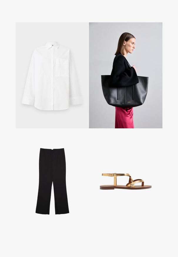 White button-up shirt made of cotton. Features long sleeves, a collared neck, and a single chest pocket. Smooth texture, classic design.; Black trousers with a straight fit, featuring front pockets and side slits at the hem. Made of soft, smooth fabric. Suitable for various occasions.; Gold metallic flat sandals with multiple wide straps, a buckled ankle strap, and a brown flat sole. Smooth texture throughout.; Black leather tote bag with a textured finish, featuring two vertical lines, dual shoulder straps, and a minimalist design.