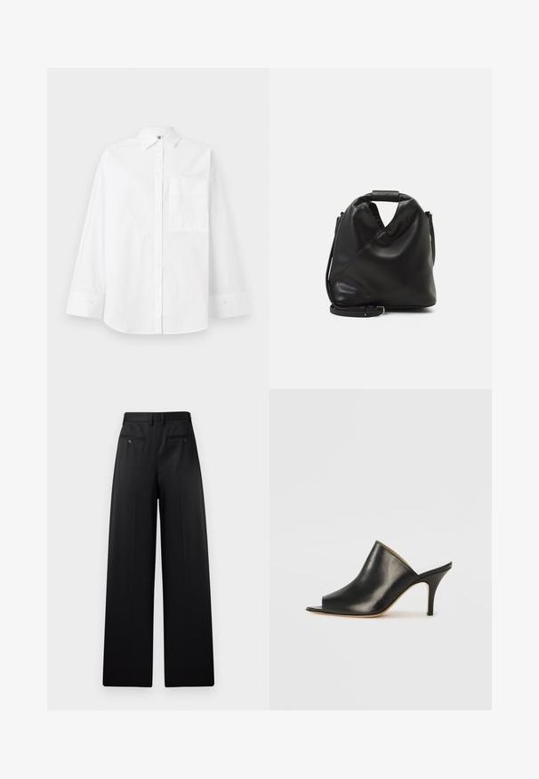 Camicia bianca con bottoni realizzata in cotone. Presenta maniche lunghe, colletto e una tasca sul petto. Tessuto liscio, design classico.; Pantaloni neri a gamba larga con fronte piatto, due tasche posteriori con bottoni e una texture liscia. Design sartoriale con taglio dritto.; Mule aperto in pelle nera con un design elegante e curvo, tacco a stiletto alto e superficie liscia. L'interno presenta un colore chiaro a contrasto.; Borsa nera in pelle morbida con un design unico e attorcigliato. Presenta una maniglia corta e una tracolla removibile. Stile minimalista.