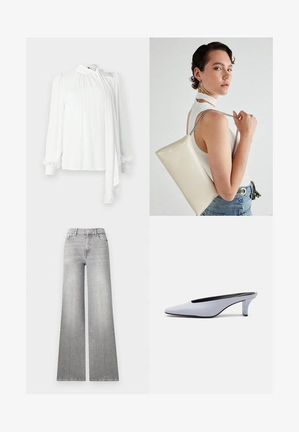 Blusa bianca con maniche lunghe, tessuto plissettato sulle spalle, collo alto con dettaglio a fiocco, texture liscia e polsini elasticizzati.; Jeans in denim grigio a gamba larga con finitura sbiadita, tasca anteriore e chiusura con bottone. Presentano una gamba dritta e orlo classico.; Mule in pelle lucida blu chiaro con punta affusolata, tacco trasparente basso e design elegante caratterizzato da un'apertura sulla parte superiore.; Borsa a pochette rettangolare bianca realizzata in materiale lucido, con una tracolla in catena argentata. Il modello posa, mostrando la borsa su uno sfondo semplice.