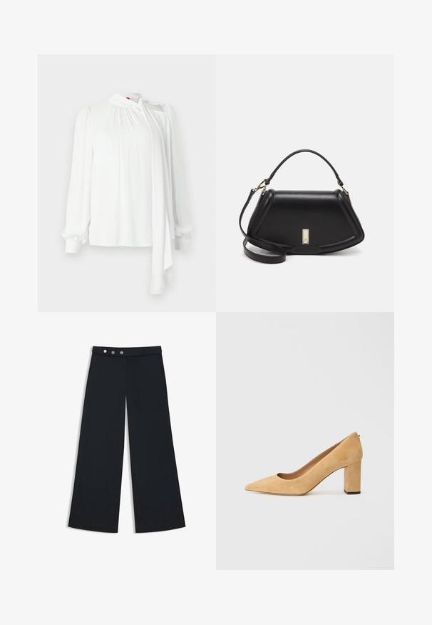 White blouse with long sleeves, pleated fabric at shoulders, high neck with tie detail, smooth texture, and elastic cuffs.; Wide-leg black trousers with a smooth texture, featuring a flat waistband, a double-button closure, and side pockets.; Beige suede high-heeled pump with a pointed toe and a chunky block heel. The material has a soft texture with a smooth finish.; Black leather handbag with a structured design, featuring a cropped shape, top handle, and gold hardware accent. Adjustable shoulder strap included.