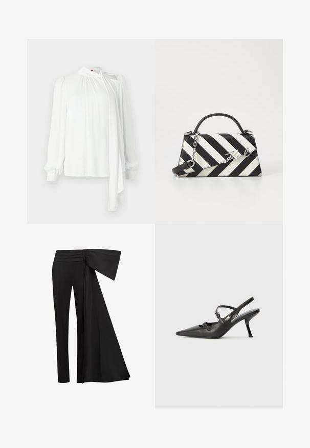 White blouse with long sleeves, pleated fabric at shoulders, high neck with tie detail, smooth texture, and elastic cuffs.; Black trousers with a wide, draped sash detail at the waist. Smooth fabric, straight leg cut, and pleated waistband.; Black leather slingback heels with a pointed toe, slender heel, and decorative buckle detail on the vamp. Smooth texture and sleek design.; Black and white striped handbag with a structured shape, featuring a top handle, a detachable chain strap, and metallic logo accent.