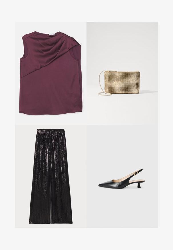 Burgunderfarvet ærmeløs top lavet af glat stof med et draperet design, der har en asymmetrisk skæring og en rund halsudskæring.; Sorte, vidde bukser lavet af bugnende stof, med en tekstureret overflade og en elastisk talje for en behagelig pasform.; Sorte læder slingback kitten heel sko med spids tå og guld spænde på side stropp, på hvid baggrund.; Loeffler Randall YASMINE FLAT CLUTCH - Skuldertasker - gold