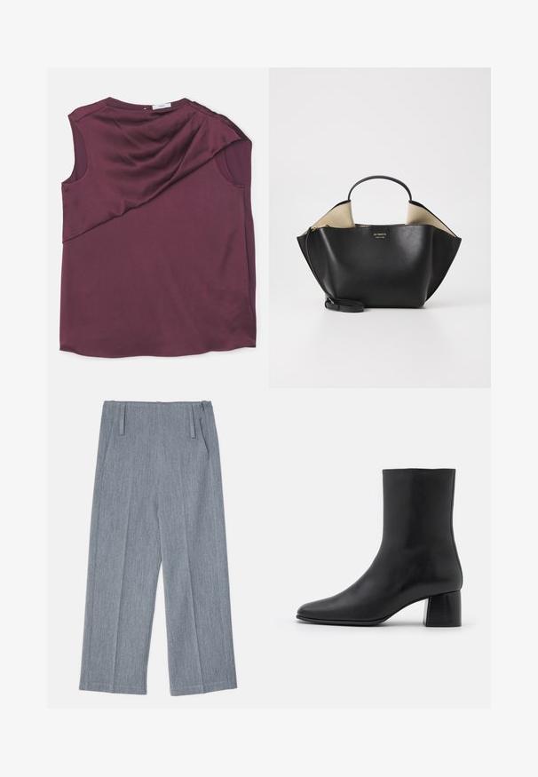 Burgunderfarvet ærmeløs top lavet af glat stof med et draperet design, der har en asymmetrisk skæring og en rund halsudskæring.; Lys grå, vidde bukser lavet af struktureret stof, med to frontfolder og to sidelommer. Ren, skræddersyet design.; Sorte læder ankelstøvler med spids tå og en kraftig firkantet hæl. Glat overflade med et sømløst design og minimalistisk syning.; Ree Projects ANN TOTE MINI - Håndtasker - black