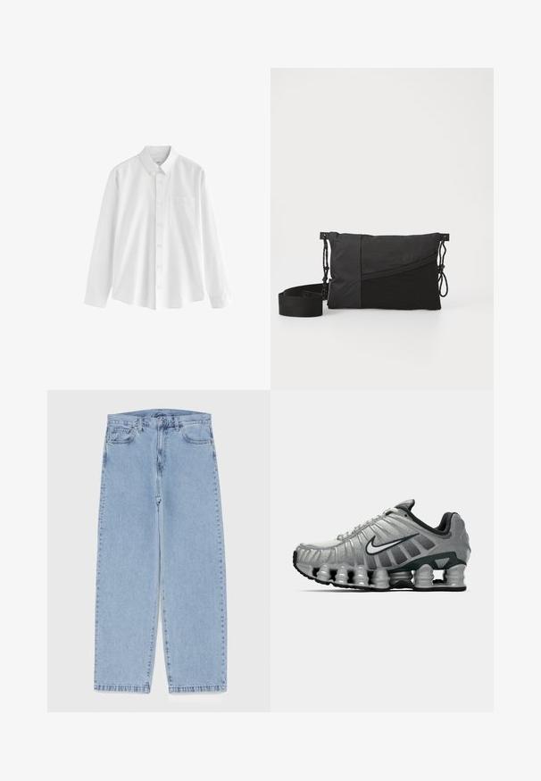 Biała koszula z długim rękawem wykonana z bawełny, z kołnierzykiem zapinanym na guziki, jedną kieszonką na piersi i swobodnym krojem. Posiada małe guziki na przodzie.; Biały bawełniany top na ramiączkach z okrągłym dekoltem, szerokimi ramiączkami i prostym dołem, charakteryzujący się gładką teksturą i brakiem widocznych wzorów.; Jasnoniebieskie dżinsy o prostym kroju nogawki, z średnim stanem, pięcioma kieszeniami oraz zapięciem na guzik i zamek błyskawiczny.; Szare i czarne buty biegowe Nike z widocznym, sprężystym tłumieniem pod podeszwą oraz białym logo swoosh po boku.; Czarna torba na ramię wykonana z teksturowanej tkaniny, z ukośnym wzorem, regulowanym paskiem i ściągaczami po bokach.