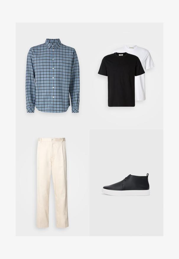 Nööpidega särk, kangast puuvill, sinine ja must ruuduline muster, pikad varrukad, krae, valged nööpide ja reguleeritavad mansetid.; Kaks lihtsat puuvillast T-särki, must, mis on asetatud valge särgi ette, mõlemad lühikeste varrukatega ja ümmarguste kaelustega.; Beesidised puuvillased püksid sirge jala lõikega, mis on varustatud nööpkinnituse ja ees olevate voltidega, et lisada detaili.; Mustmust mustatooted, millel on sile nahk, valge kummist tald ja lihtne nööridega kinnitamine. Tagaküljel on tõmbeosadega.