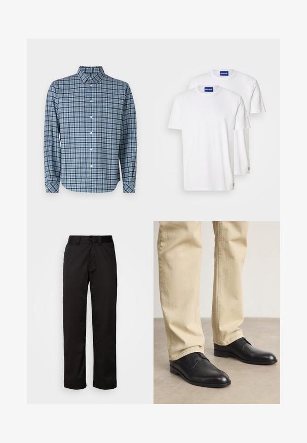 Button-up shirt in woven cotton, blue and black plaid pattern, long sleeves, collar, white buttons, and adjustable cuffs.; White cotton T-shirts featuring crew necks and short sleeves, labeled with blue "HUGO" tags on the necks and small accents on the hem.; Black trousers made of smooth fabric, featuring a zip fly, button closure, and rolled cuffs for a casual design.; Black leather lace-up shoes with a rounded toe, smooth finish, and subtle stitching details, worn with light beige pants.