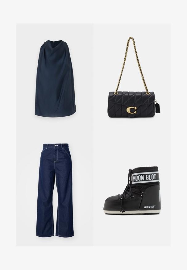 Tumes sinine drapeeritud keeb, millel on kõrge kaelus ja tagumine tõmblukk. Sile kangas, minimalistlik disain ja õrn logo aktsent küljel.; Tumeda jalgrattaid tumesinisest denimist, millel on kõrge vöökoht, kontrastsed valged õmblused ja traditsiooniline viie tasku disain.; Must musta moonboot, millel on pehmendatud ülaserv, mis on kinnitatud paeltega ja millel on iseloomulik valge riba, millel on logo. Paks, tekstureeritud kummitald.; Must mustriga käekott kuldse ketirihmaga, millel on silmapaistev kuldne klamber ja väike silt, esitleb tekstuurt nahka.