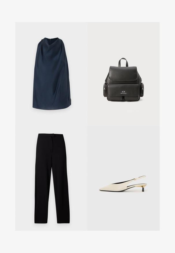 Tengerészkék köpeny magas nyakkal és hátul cipzárral. Simaszövet, minimalista dizájn és finom logó díszítés az oldalon.; Fekete, bő szárú nadrág puha, rugalmas anyagból. Simaság jellemzi a derékrészt, nincsenek látható varrások vagy zsebek. Egyszerű és sokoldalú dizájn.; Beige lakkbőr slingback cipők hegyes orral, vékony fekete sarokkal és fémes arany díszítéssel az oldalán.; Fekete bőr hátizsák, fedéllal záródik, elülső zsebbel, oldalsó cipzáras rekeszekkel és felső fogantyúval rendelkezik. Az elején logó részletezéssel.