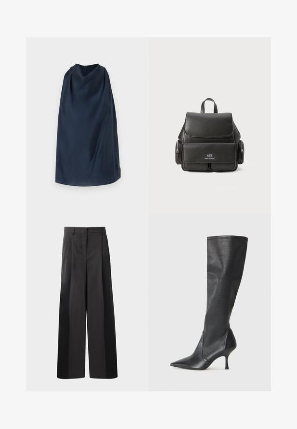 Jūras flotes krāsas apmetnis ar augstu apkakli un aizmugurējo rāvējslēdzēju. Gluda auduma, minimālisma dizains un smalks logotipa akcents sānos.; Melni platajā kājās bikses ar augsto jostasvietu, kas ar priekšējiem krokām, gludu tekstūru un pielāgotu apdari. Veidotas relaksētai piegrieztei.; Ceļa auguma melni ādas zābaki ar smailu purngalu un šauru stiletto papēdi. Gluda tekstūra ar pieguļošu dizainu un izšuvumiem augšējā malā.; Melna ādas mugursoma ar atloku aizdari, priekšējo kabatu, sānu rāvējslēdzēju nodalījumus un augšējo rokturi. Iezīmēta ar logo detaļām priekšpusē.