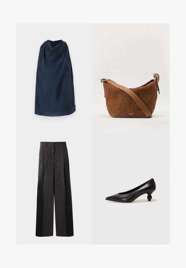 Navy draped cape with a high neckline and a back zipper. Smooth fabric, minimalist design, and a subtle logo accent on the side.; Black wide-leg trousers with a high waist, featuring front pleats, a smooth texture, and a tailored finish. Designed for a relaxed fit.; Black leather high heel shoe with a pointed toe and a round, balled heel. Smooth texture with a sleek, minimal design.; Brown suede shoulder bag with embossed floral design, complemented by a smooth brown leather strap and gold-tone hardware accent.