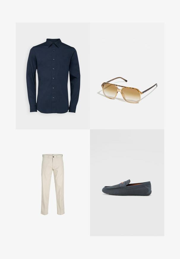 Jūras spēku garām piedurknēm krekls, ar pogām priekšā, standarta apkakle, gluda tekstūra, ar ziliem pogām un diskrētu logotipu kreisajā krūtī.; Bežīgas kokvilnas bikses ar taisnu piegriezumu, pogu jostu, priekšējām kabatām un šūtu šuvēm. Gluda tekstūra, minimāla apdare un bez rakstiem.; Pelēki perforēti loafers ar iebūvētu dizainu, kas izceļas ar oranžu akcentu, noapaļotu purngalu un teksturētu gumijas zoli.; Korpusa ar bruņurupuča rakstu, taisnstūra formai ar brūnām gradientā toni lēcām un gludiem melniem kātiem, kas papildināti ar diskretām logotipa akcentiem.