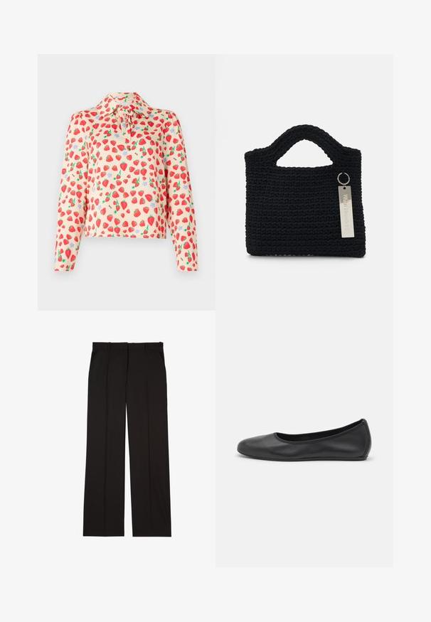 Garais piedurknju blūze gaiši persiku krāsā, ar zemeņu rakstu, zaļām lapām un zilām ziediem, pogājamais apkakle un lente.; Melni gludā auduma pielāgoti bikses ar taisnu kāju piegriezumu un divām sānu kabatām. Eleganta un minimālistiska uzbūve.; Melna ādas baleta kurpe ar noapaļotu purngalu, gludu tekstūru, minimālu šuvju detalizāciju un elastīgu zoles dizainu.; Won Hundred MARSIELLE COMPUTER BAG UNISEX - Klēpjdatora soma - black