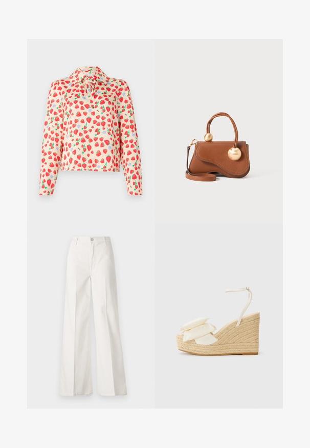 Long-sleeve blouse in light peach fabric, featuring a strawberry print with green leaves and blue flowers, buttoned collar, and tie detail.; White wide-leg trousers made from cotton with a smooth texture. Features a front button, zipper fly, and four-pocket design.; Wedge sandal with a natural jute platform, cream fabric upper, and two layered floral accents; features a thin ankle strap with buckle.; Brown leather handbag with a wavy design, featuring two circular gold accents and a detachable shoulder strap for versatile carrying.