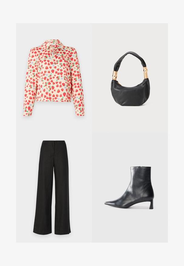 Long-sleeve blouse in light peach fabric, featuring a strawberry print with green leaves and blue flowers, buttoned collar, and tie detail.; Faithfull the brand LULEA PANT - Trousers - black; Black leather ankle boot with a pointed toe and a sleek design. Features a low heel and a zipper closure at the back. Smooth texture.; Black leather handbag with a round shape, soft texture, and a knotted handle featuring gold-tone hardware accents. Zipper closure.