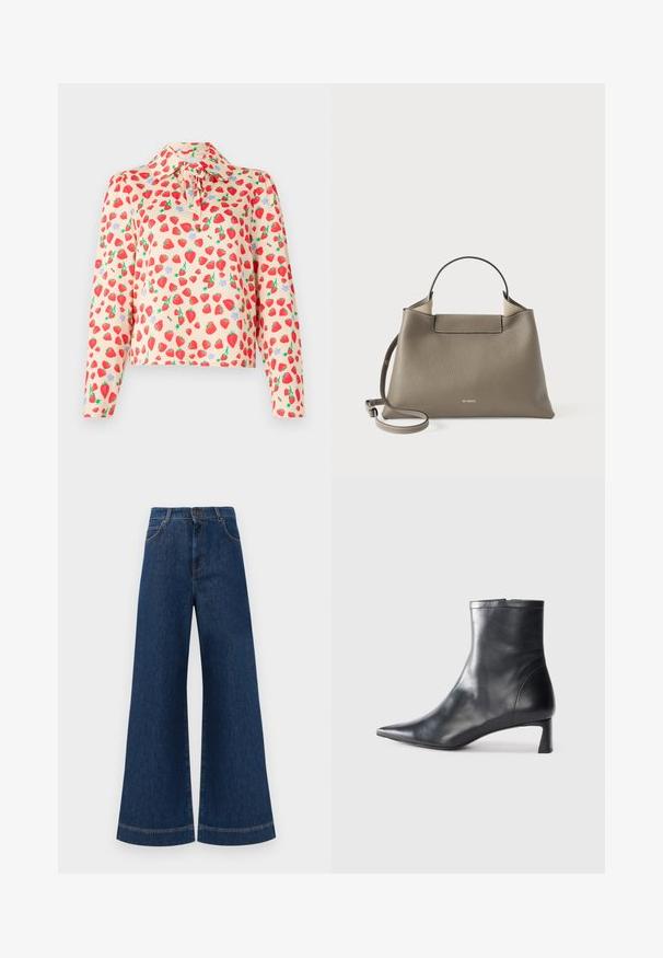 Langærmet bluse i lys ferskenstof med et jordbærtryk, grønne blade og blå blomster, knapper ved kraven og bindebånd.; Bredde ben blå denim jeans med høj talje, der har knaplukning, bæltestropper og diskrete syninger langs lommerne og kanterne.; Sort læder ankelstøvle med spids tå og et strømlinet design. Har en lav hæl og en lynlås lukning bagpå. Glat tekstur.; Skræddersyet gråt læderhåndtaske med et topgreb og justerbar skulderrem, der har et minimalistisk design og diskret branding præget på forsiden.