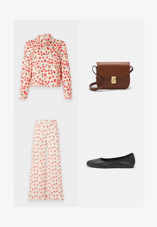 Long-sleeve blouse in light peach fabric, featuring a strawberry print with green leaves and blue flowers, buttoned collar, and tie detail.; Wide-leg pants made from a beige fabric, featuring a strawberry pattern in red and green. Includes side pockets and a frayed hem.; Black leather ballet flat with a rounded toe, smooth texture, minimal stitching detail, and a flexible sole design.; Brown leather handbag with a flap closure, gold-tone hardware, a shoulder strap, and a smooth texture. Compact rectangular shape.