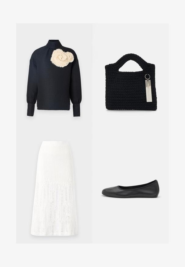 Schwarzes Langarmoberteil mit strukturierter Oberfläche, das auf der linken Schulter eine cremefarbene, strukturierte Röschenapplikation aufweist. Hoher Kragen, taillierte Ärmel.; Gestreifte weiße Midi-Rock aus Strick mit einem strukturierten Muster und Ausschnitten am Saum. Elastischer Bund. Weiches Material.; Schwarze Leder-Ballettschuhe mit abgerundeter Spitze, glatter Textur, minimalen Nähdetails und einem flexiblen Sohlen-Design.; Won Hundred MARSIELLE COMPUTER BAG UNISEX - Notebooktasche - black