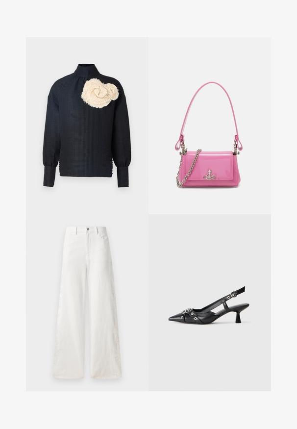 Black long-sleeve top with a textured surface, featuring a cream-colored, textured rosette on the left shoulder. High collar, fitted sleeves.; White wide-leg jeans made of denim featuring side embroidery patterns and traditional five-pocket design. Zipper closure with a button.; Black leather slingback shoe with a pointed toe, decorative straps featuring metal eyelets, and a low block heel. Textured surface.; Pink patent leather handbag with a rectangular shape, detachable chain strap, and silver hardware detail on the front.