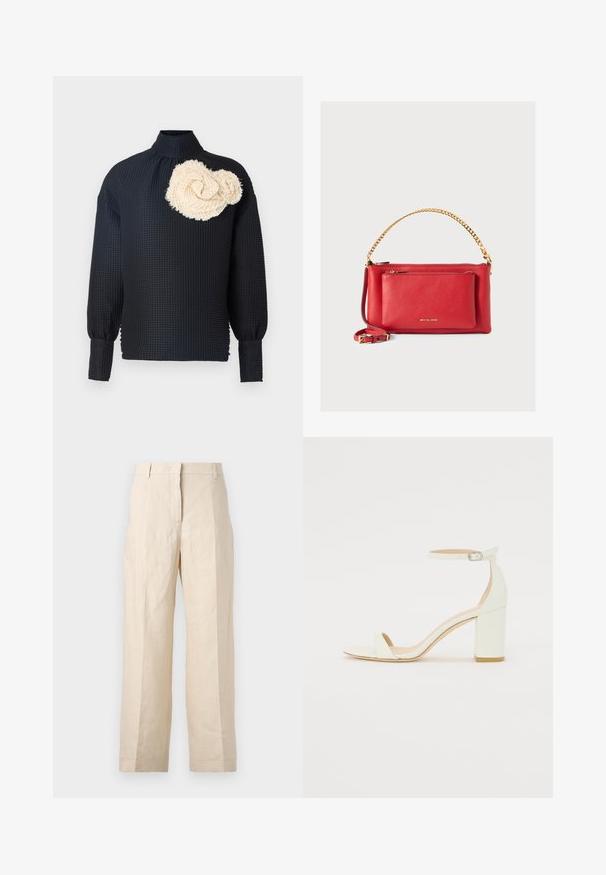 Black long-sleeve top with a textured surface, featuring a cream-colored, textured rosette on the left shoulder. High collar, fitted sleeves.; Beige linen trousers with a loose fit, pleated front, and straight legs. Features a waistband with belt loops and no visible pockets.; White leather block-heel sandal featuring an ankle strap with a buckle and minimalist design. Open toe and smooth textures throughout.; Red leather handbag with a textured finish, gold chain and strap, front zipper pocket, and embossed logo. Compact and structured design.