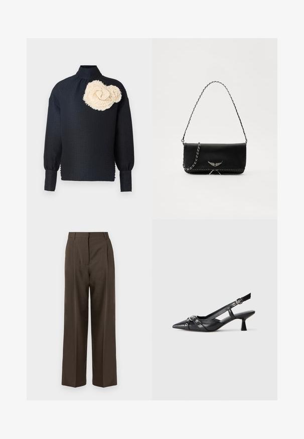 Haut noir à manches longues avec une surface texturée, présentant une rosette texturée de couleur crème sur l'épaule gauche. Col haut, manches ajustées.; Pantalons larges marron avec une texture lisse, dotés d'une taille haute, de plis avant et d'un design ajusté. Pas de poches visibles ni d'ornements.; Chaussure slingback en cuir noir avec un bout pointu, des sangles décoratives avec œillets en métal et un petit talon carré. Surface texturée.; Sac à main en cuir noir avec une bandoulière en chaîne argentée, présentant des accents décoratifs en forme d'ailes et des coutures blanches le long de la couture inférieure.