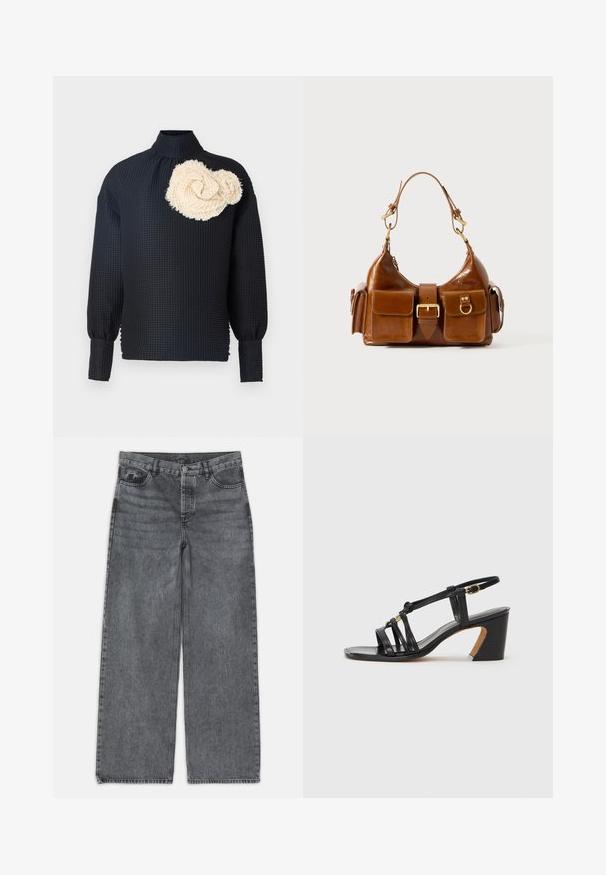 Black long-sleeve top with a textured surface, featuring a cream-colored, textured rosette on the left shoulder. High collar, fitted sleeves.; Wide-leg jeans in dark gray denim. Features a high waist, five-pocket design, and front button closure. Smooth texture with subtle fading.; Paul Smith AMIRA - Classic heels - black; Brown leather handbag with a curved shape, dual gold-tone hardware, two front pockets, and a wide strap. Smooth texture with a sleek finish.