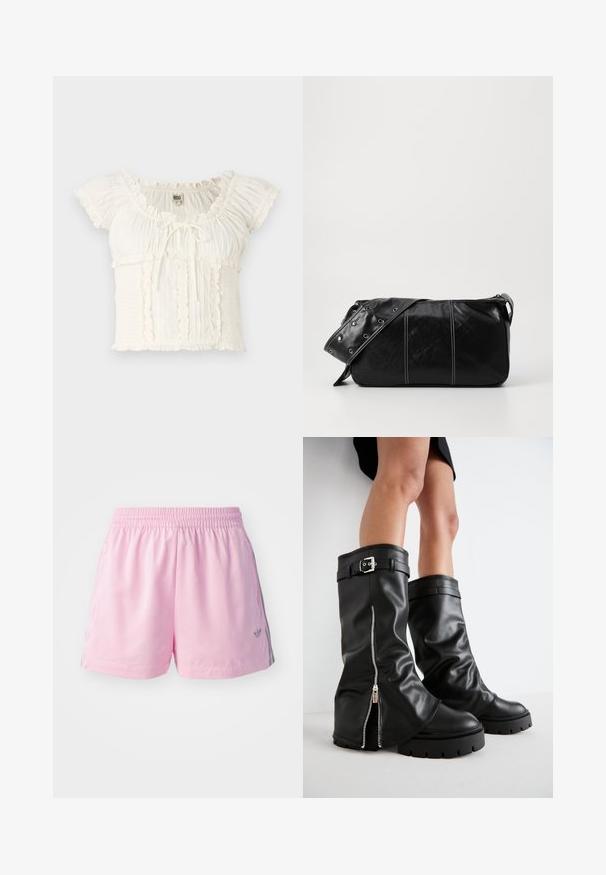 Balta īsām piedurknēm blūze ar kroku malām, smockotu tekstūru un saiti priekšpusē. Viegls audums ar smalkiem akcentiem.; Gaiši rozā bezpiedurkņu augšdaļa ar pelēku apdari un regulējamiem spageti siksnām, ar lielu, centrēti izvietotu pelēku "adidas" logo. Izgatavota no kokvilnas materiāla.; Rozā sporta šorti ar elastīgu jostasvietu, ar pelēku sloksni sānos un nelielu logotipu priekšā. Izgatavoti no viegla auduma.; Melnas ādas zābaki līdz ceļiem ar plašu šuvi, ar sānu rāvējslēdzēju un sprādzi, teksturētu apdari un masīvu gumijas zoli.; Melnas ādas plecu soma ar rāvējslēdzēja aizdari, ar teksturētu virsmu, baltu dūrienu un siksnu ar sudraba iekavām.