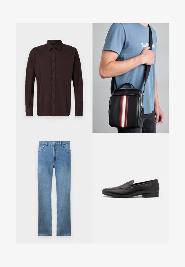 Tmavě hnědá dlouhá košile s dlouhým rukávem vyrobená z tkané látky. Má límec s knoflíky, přední légu s černými knoflíky a manžety na knoflíky.; Světlé modré džínové kalhoty se rovný střih, pěti kapsami, zipem a kontrastním prošíváním. Tkanina má hladký, texturovaný povrch.; Černé kožené mokasíny s elegantním designem, zaoblenou špičkou a nízkým podpatkem. Mají dekorativní prošívaný detail na svršku.; Černá kožená taška přes rameno s vertikálními pruhy v červené, bílé a béžové barvě. Obsahuje horní rukojeť a nastavitelný popruh. Viditelný zip.