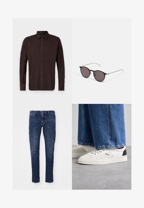 Camicia a maniche lunghe di colore marrone scuro realizzata in tessuto tessuto. Presenta un colletto button-down, una patta frontale con bottoni neri e polsini con bottone.; Jeans in denim blu scuro con vestibilità slim, caratterizzati da schizzi di vernice, cuciture visibili e design classico a cinque tasche. Taglio dritto.; Sneaker bianche e nere con parte superiore in pelle liscia, dettagli testurizzati e suola bianca spessa. Presentano un classico design con lacci.; Occhiali da sole neri rotondi con lenti scure e sottili bracci in metallo. Include punte trasparenti e accenti argentati alla cerniera. Design minimalista.