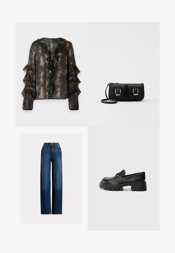 Prozirna tamna bluzica s brončanim uzorkom zmije, nabranim V-izrezom s trakama i dugim rukavima s višestrukim nabranjima i elastičnim manžetama.; Široke traperice u tamnoplavoj boji. Imaju visoki struk, zatvaranje na dugme i klasičan dizajn s pet džepova. Glatka tekstura s suptilnim izbljeđenjem.; Crne kožne loafersice s debelim potplatom, s zlatnim akcentom sprijeda i glatkim završetkom. Debeli uzorak na potplatu.; Crna kožna torba preko ramena s dva prednja džepa, zlatnim kopčama, zatvaranjem na zip i uskim remenom. Teksturirana površina i kompaktan pravokutan oblik.