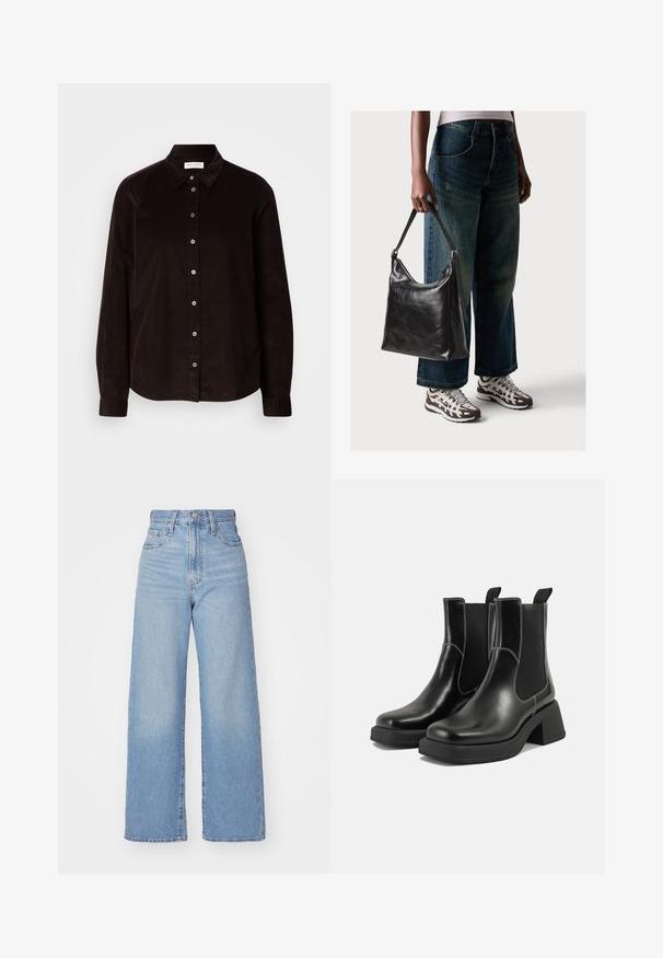 Cămașă din bumbac de culoare maro închis, cu mânecă lungă, guler și închidere cu nasturi pe față, expusă plat pe un fundal deschis.; Jeans cu talie înaltă, de culoare albastru deschis, cu croială largă, dotate cu nasture și fermoar la față, buzunare în față și spate, pe un fundal alb.; Botine Chelsea din piele neagră, cu toc masiv, panouri laterale elastice și cusături albe contrastante. Finisaj texturat.; Geantă de umăr din piele neagră, cu o textură netedă și curea ajustabilă, asortată cu blugi evazați și adidași.