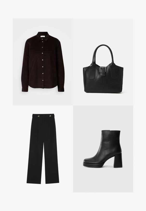 Dark brown long-sleeve corduroy shirt with collar and front button closure, displayed flat against a light background.; Black wide-leg trousers with high waist, button details on waistband, and front pleats.; Black leather ankle boot with a block heel and platform sole, viewed from the side on a plain white background.; Black leather tote bag with smooth texture, structured shape, two handles, and a prominent silver buckle detail on the front.
