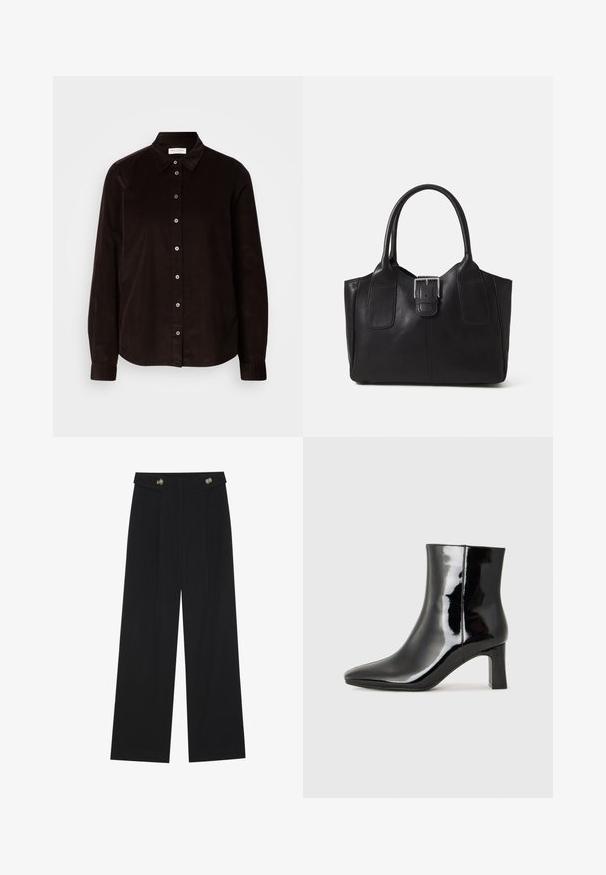 Ciemnobrązowa koszula z długim rękawem z korduroju z kołnierzykiem i zapięciem na guziki z przodu, wyeksponowana na jasnym tle.; Czarne szerokie spodnie z wysokim stanem, z detalami w postaci guzików na pasku oraz plisami z przodu.; Czarne lakierowane botki za kostkę z wysmukłym noskiem i średniej wysokości obcasem w kształcie słupka. Gładka tekstura i minimalistyczny design.; Czarna skórzana torba tote o gładkiej fakturze, usztywnionym kształcie, dwóch uchwytach oraz wyraźnym srebrnym zapięciu na przodzie.