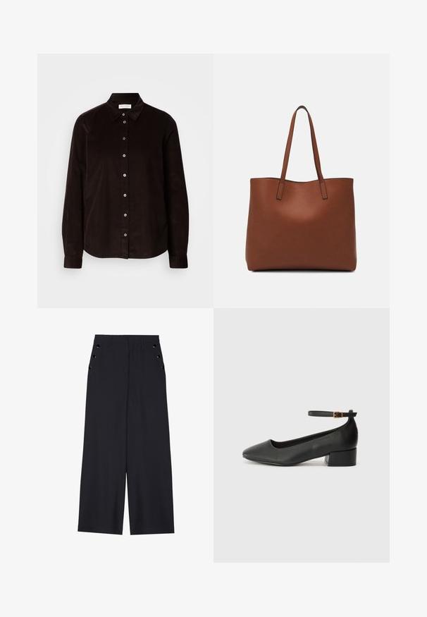 Dunkelbraune Langarm-Cordhemd mit Kragen und Knopfverschluss vorne, flach auf einem hellen Hintergrund präsentiert.; Weite Hosen aus dunkelblauem Stoff mit einer glatten Textur, Vorderfalten und dekorativen goldfarbenen Ösen an den Seitentaschen.; Schwarze Lederpumps mit spitzem Zehenbereich und niedrigem Blockabsatz. Mit einem Knöchelriemen und einer goldfarbenen Schnalle. Glatte Textur.; Braune Leder-Tote mit glatter Textur, offenem Oberteil und zwei Schulterriemen. Verfügt über minimale Nähte und keine sichtbaren Beschläge.