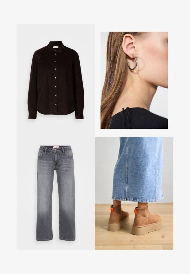 Dark brown long-sleeve corduroy shirt with collar and front button closure, displayed flat against a light background.; Gray denim jeans with a straight leg design, five-pocket style, subtle fading, and a button closure at the waist.; Brown suede platform boots with elastic side panels and orange pull tabs, paired with a knee-length light denim skirt on a wooden floor.; Silver hoop earring with a polished finish, featuring small gold accent details and a round shape, worn on the lobe.