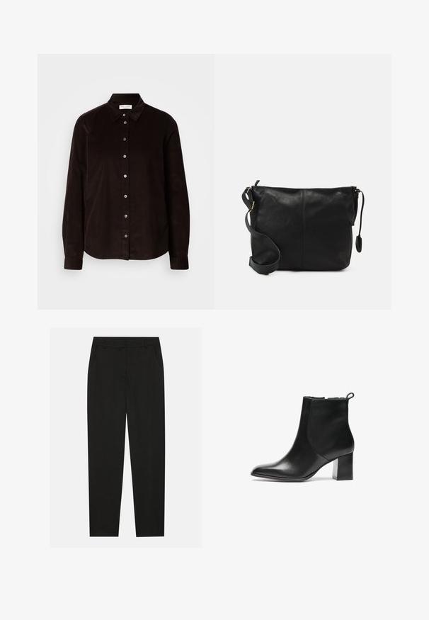Mørkebrun langermet kordfløyelskjorte med krage og knappestolpe foran, vist flatt mot en lys bakgrunn.; Sorte bukser med skreddersydd design, med sidelommer og rett ben. Laget av glatt, lett stoff med en elegant finish.; Svarte skinn ankelstøvler med rund tå, middels høy blokkhæl og en trekkflik bak. Glatt tekstur, minimalistisk design.; Svart skinn crossover-veske med flat form, gullfarge detaljer og justerbar stropp. Glatt tekstur med minimale sømmer.