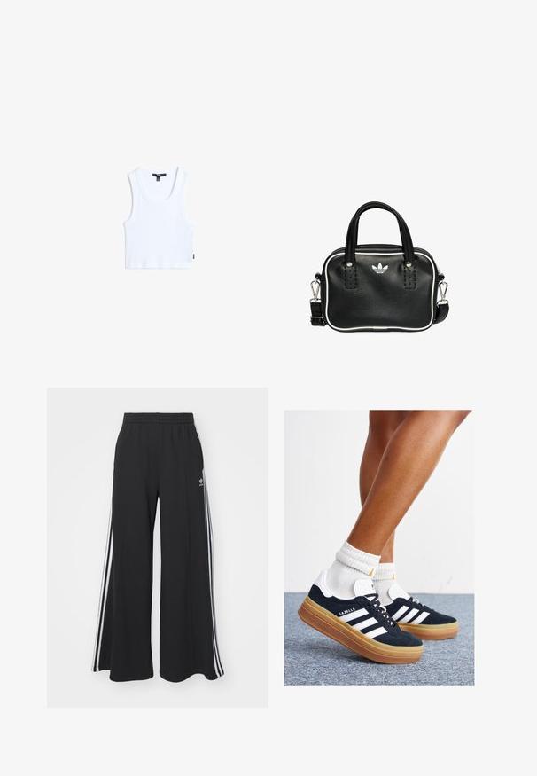 Weißes Baumwoll-Top mit geripptem Muster, rundem Halsausschnitt und breiten Spaghetti-Trägern. Verfügt über ein kleines Markenetikett am Saum.; Schwarze weite Sweatpants mit elastischem Bund, versehen mit weißen Seitestreifen und einem gestickten Logo auf dem linken Oberschenkel.; Schwarze Wildledersneaker mit weißen Streifen und Akzenten, rundlicher Zehenbereich, Sohlen aus braunem Gummi, kombiniert mit weißen, gerippten Sneakersocken.; Schwarze Lederhandtasche mit zwei kurzen Griffen, silbernem Zubehör, weißen Akzenten und einem weißen Logo. Verfügt über eine strukturierte Oberfläche und ein kompaktes Design.