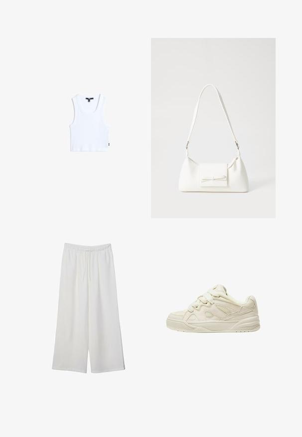 Bílý bavlněný top bez rukávů s ribbovanou strukturou, kulatým výstřihem a širokými ramínky. Na lemu se nachází malá nášivka značky.; Bílé kalhoty s širokými nohavicemi vyrobené z lehké tkaniny, s elastickým pasem a stahovací šňůrkou pro nastavitelnou velikost. Hladká textura.; Beige tenisky s texturovaným svrškem, výraznými tkaničkami, síťovinovými panely a silnou podrážkou. Zakřivený design s měkkým límcem pro pohodlí.; Bílá syntetická kabelka v trojúhelníkovém tvaru, s plochým předním klopným víkem a detailem mašle, nastavitelným popruhem, hladkým povrchem a minimalistickým designem.