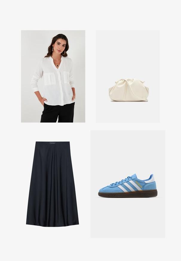 Weiße Bluse mit Stehkragen, zwei vorderen Taschen, langen Ärmeln und einem leichten, strukturierten Stoff.; Schwarzer, knielanger Rock aus leichtem Material mit fließendem Design. Verfügt über eine glatte Textur und subtile Falten für zusätzliche Details.; Helles blaues Wildleder-Sneaker mit weißen Lederstreifen, einer braunen strukturierten Sohle und goldenen Logodetails. Niedrig geschnittenes Design mit runder Zehenpartie.; Cremfarbener, weicher Kunstlederbeutel mit gerafftem Design, verstellbarem Schultergurt und subtiler Kordelzug-Verschluss. Glatte Textur und runde Form.