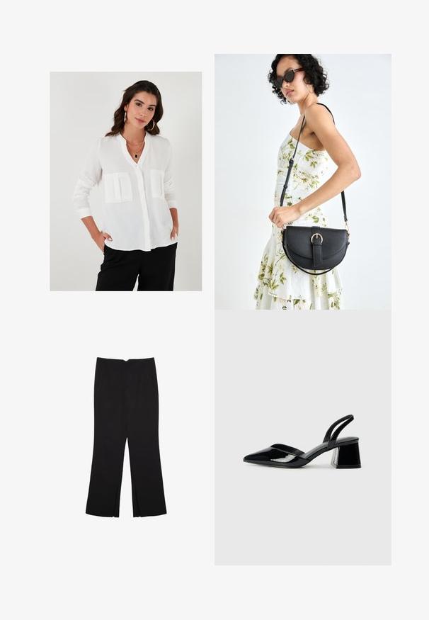 Witte blouse met knopen en een Mandarin-kraag, twee voorzakken, lange mouwen en een lichtgewicht gemêleerde stof.; Zwarte broek met een rechte pasvorm, voorzien van zijzakken en plooien aan de onderzijde. Gemaakt van zachte, gladde stof. Geschikt voor verschillende gelegenheden.; Zwarte gepatineerde leren slingback hakken met een spitse neus en een geometrische blokhak. Kenmerkt zich door een slank, minimalistisch ontwerp en een gladde textuur.; Zwarte leren handtas met een gebogen vorm, afneembare schouderband en gouden hardware. De tas heeft een klep met een gespsluiting.