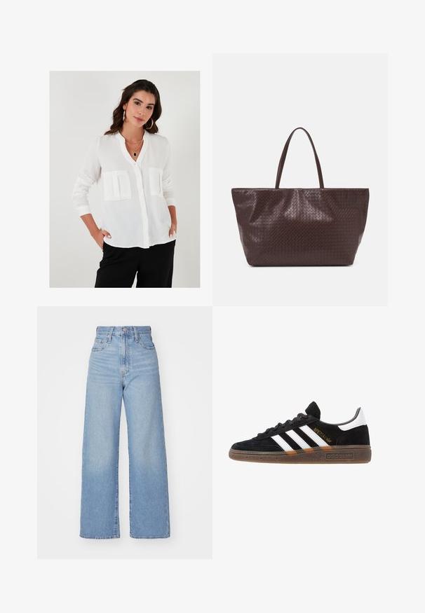 Blusa blanca de botones con cuello mandarín, dos bolsillos frontales, mangas largas y una tela ligera con textura.; Jeans de tiro alto y pernera ancha en azul claro, con cierre frontal de botón y cremallera, y bolsillos delantero y trasero, sobre un fondo blanco.; Zapatilla negra de Adidas con franjas blancas, texto dorado "Spezial", suela de goma y talón blanco, mostrada en vista lateral.; Bolso tote de cuero trenzado marrón con dos asas, de forma estructurada y superficie texturizada, con un patrón de diamantes en todo su diseño.