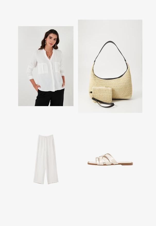White button-up blouse with a mandarin collar, two front pockets, long sleeves, and a lightweight textured fabric.; White wide-leg trousers made from a lightweight fabric. Features an elastic waistband with a drawstring and side pockets. Smooth texture.; Flat sandals with a tan rubber sole, designed with three overlapping white leather straps and a small bow detail at the center.; Woven straw handbag with a curved silhouette, featuring a smooth black leather strap and a matching small pouch attached by a wrist strap.