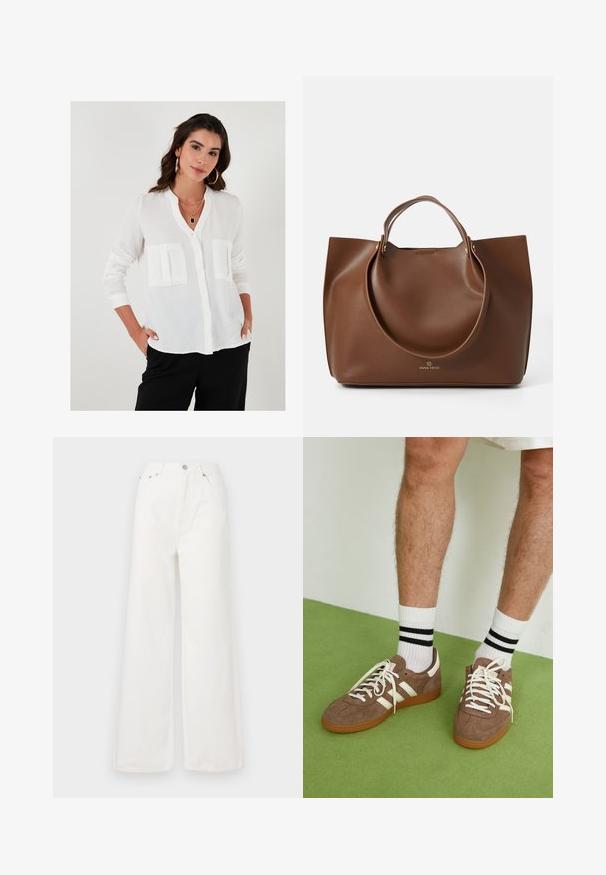 Vit blus med knappar och mandarinkrage, två framfickor, långa ärmar och ett lätt texturerat tyg.; Vita högmidjade vida jeans i denim. Har framfickor, knappstängning och fransade fållar.; Bruna mockaskor med vita detaljer och snören. Gummisula i beige. Bärs med vita strumpor med svarta ränder. Grön strukturerad golvyta.; Brun läder tote-väska med en mjuk yta, stora cirkulära handtag, med en minimalistisk design och en präglad logotyp vid basen.
