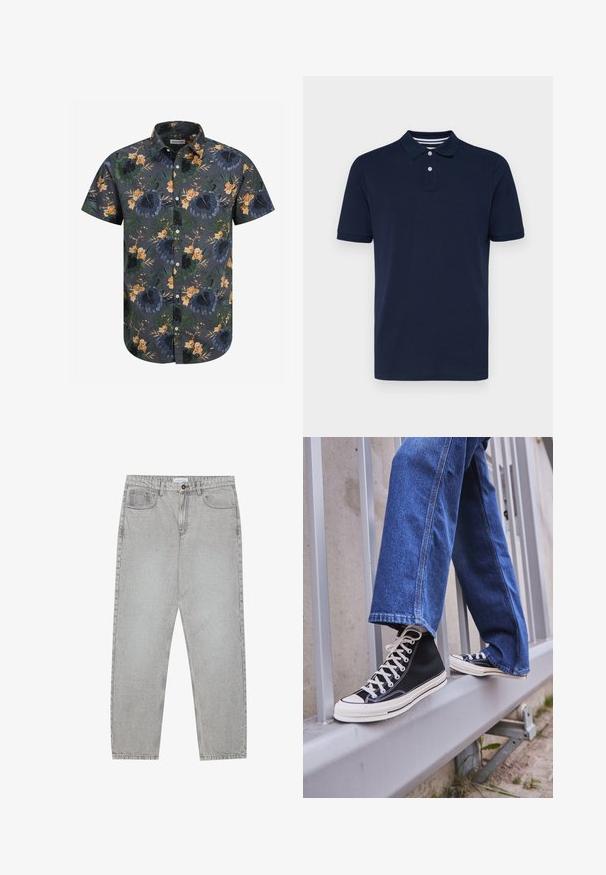 Camicia a maniche corte in tessuto grigio scuro con un motivo floreale tropicale nei toni del verde, arancione e giallo. Design con bottoni e colletto.; Polo shirt blu navy a maniche corte realizzato in cotone, con scollatura a polo con tre bottoni e sottili strisce orizzontali sul colletto.; Pantaloni in denim grigio chiaro con design a gamba dritta, stile a cinque tasche e chiusura con bottone. Cuciture visibili lungo le cuciture.; Scarpe da ginnastica nere alte con suola e lacci bianchi, abbinate a jeans di denim blu larghi, appoggiate su un parapetto grigio.