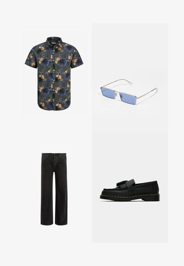 Trumpas rankovės marškiniai tamsiai pilkos spalvos audinyje su tropiniu gėlėmis raštu žaliomis, oranžinėmis ir geltonomis tonomis. Mygtukų užsegimas su apykakle.; Juodi džinsai plačiomis kojomis su aukštu liemeniu, su klasikinio penkių kišenių dizainu ir švelniu prasiskverbimu dėl tekstūruotos išvaizdos.; Juodas oda loaferis su kutais, geltona siūlė aplink padą ir storas, briaunotas guminis padas.; Metaliniai saulės akinių su stačiakampiu pavidalu, mėlynai tonuoti objektyvai ir sidabrinis rėmas. Turi nosies pagalvėles ir plonas, tiesias šventyklas.; Sidabrinis nerūdijančio plieno laikrodis su tamsiai mėlynu ciferblatu, metaliniais valandų žymenimis ir datos langeliu 3 valandą. Atsparus vandeniui iki 50 metrų.