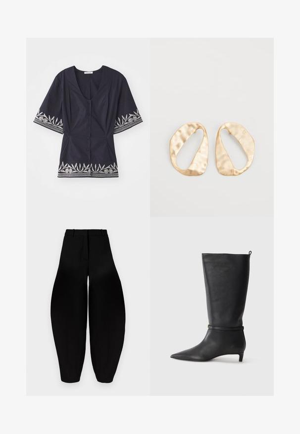 Tamsiai mėlyna bluzelė su V formos iškirpte, trumpomis rankovėmis ir baltomis gėlių siuvinėjimo detalėmis per apatinę kraštą ir rankoves. Yra sagų uždariai.; Juodos platesnės kelnes su aukštu liemeniu, raukšlėtu priekiu ir siaurėjančiais kulkšniais. Pagamintos iš lygios medžiagos su matinėmis savybėmis.; Juodas odinis iki kelių botas su smailiu batu, akcentuotas apvaliu diržu aplink kulkšnį ir žemu, siaurėjančiu kulnu. Lygi tekstūra.; Nedidelis nereguliarus ovalo formos aukso tono metalinių auskarų pora su tekstūruota, šiek tiek kalta paviršiumi ant balto fono.